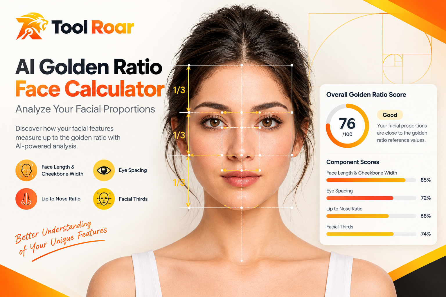 Tool Roar AI Golden Ratio Face Calculator showing facial proportions and golden ratio measurements.